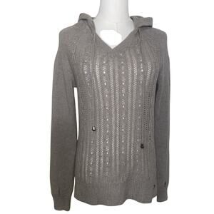 Grace Wool / Cashmere Blend Gray Knit V-neck Sweater Hoodie Sz Small Thumbholes